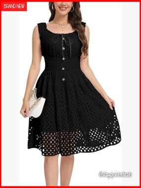 Square Neck Lace Summer Dress Smocked Bodice A-Line Midi Flowy Beach Dress